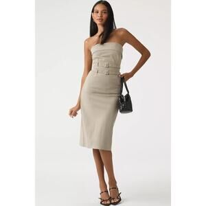 Anthropologie Maeve Strapless Double Belted Midi Dress in Khaki Size S NWT $168